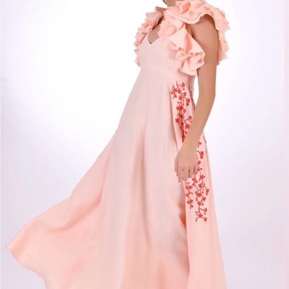 Fanm Mon Peach Floral Maxi Dress with Ruffle Sleeves - Picture 2 of 16